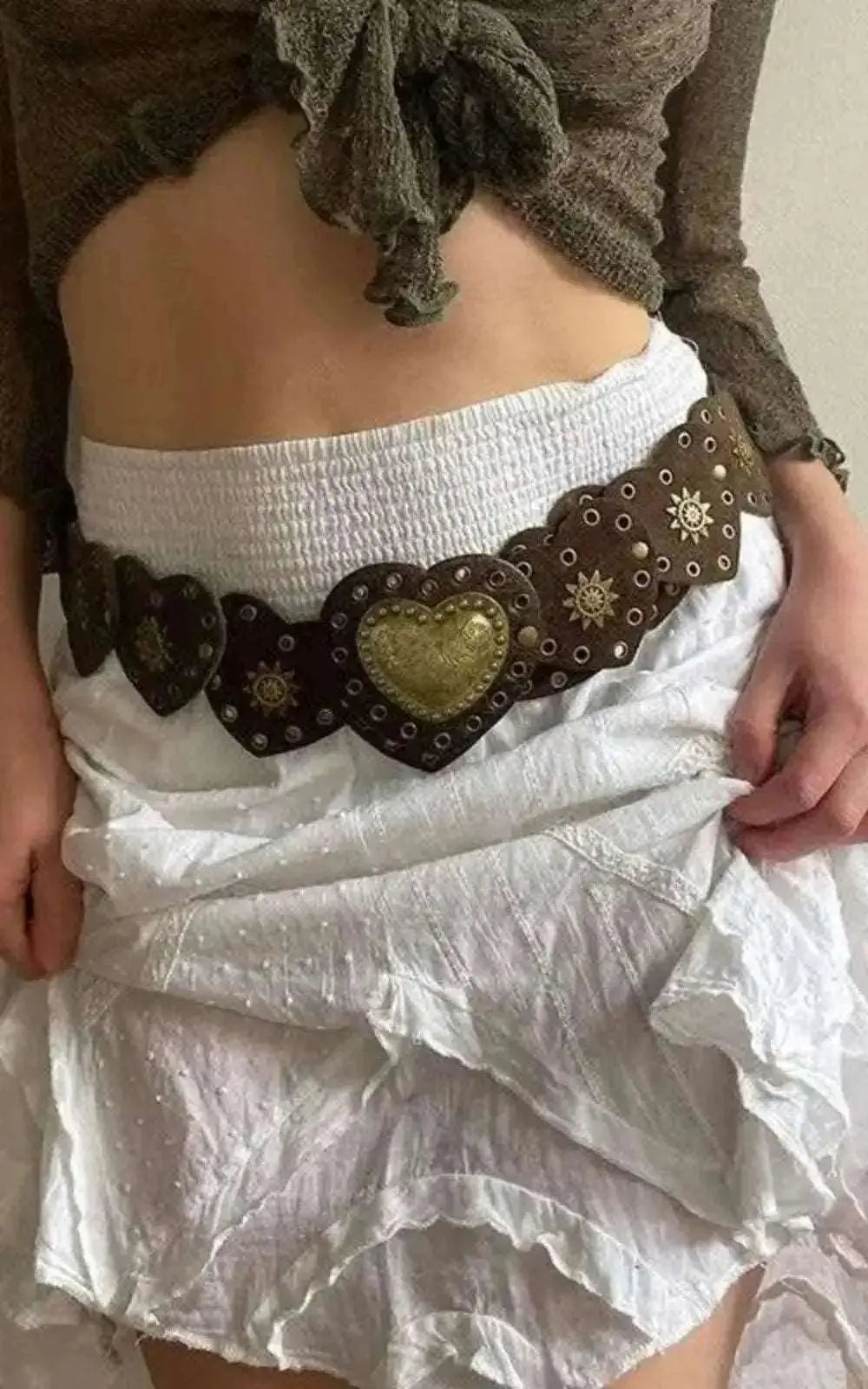Ceinture en Cuir Marron avec Décorations Cœurs |# Bohème