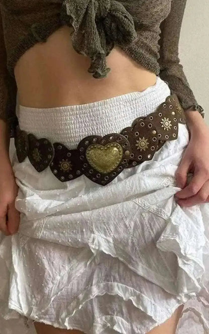 Ceinture en Cuir Marron avec Décorations Cœurs |# Bohème