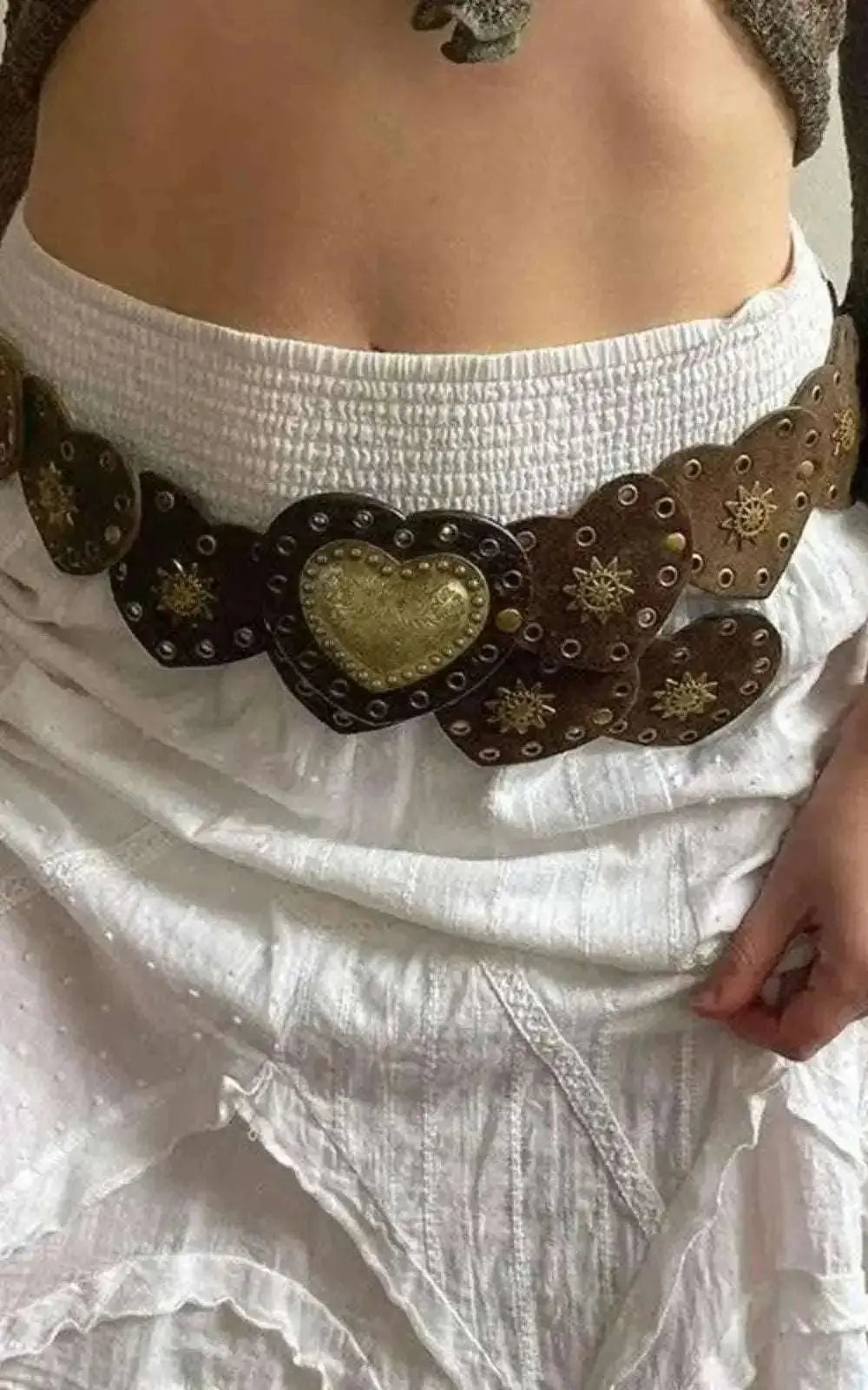 Ceinture en Cuir Marron avec Décorations Cœurs |# Bohème